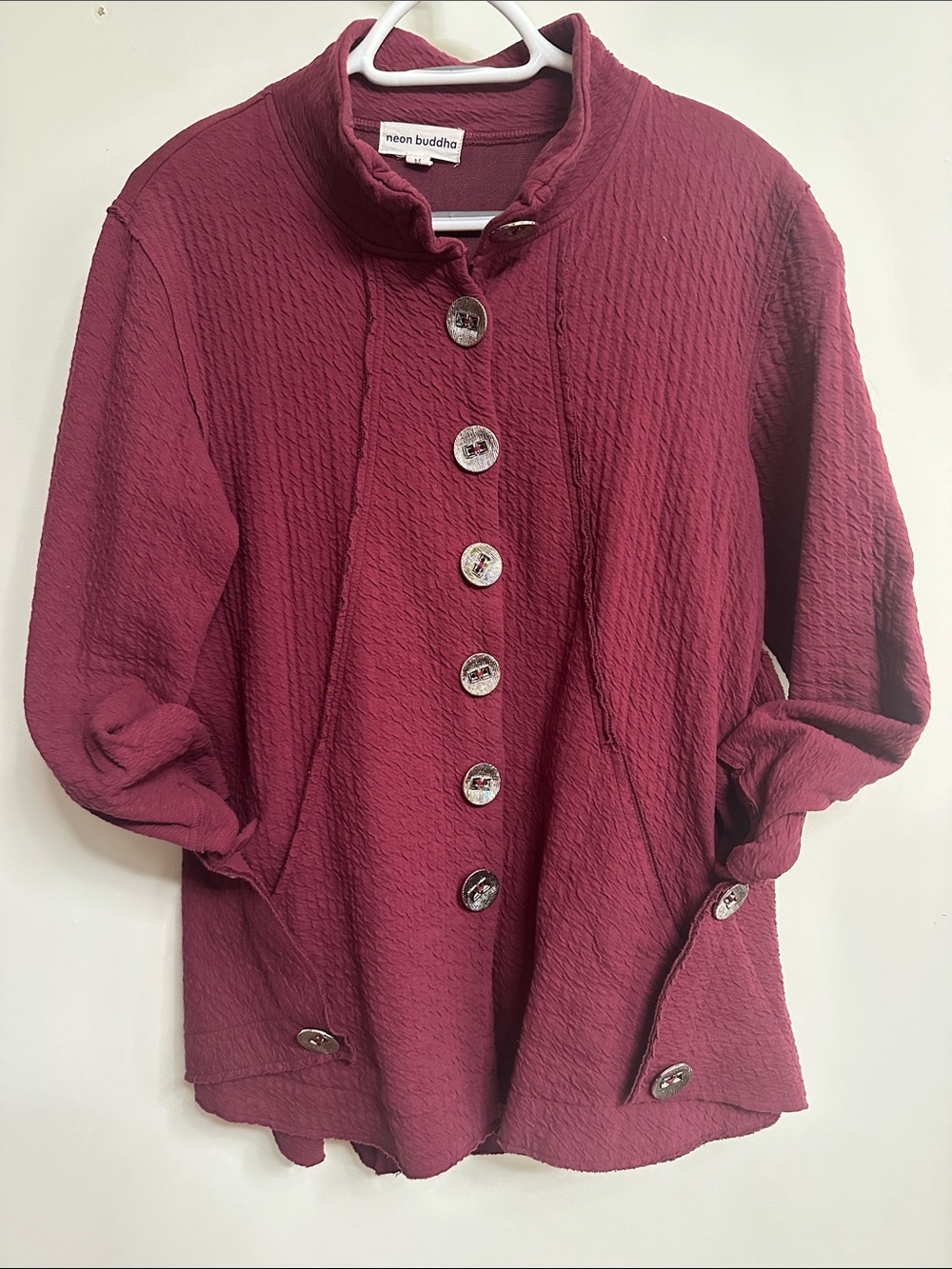 neon buddha Deep Burgundy Button-Front Textured Jacket